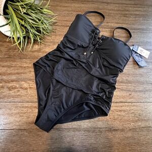 Chaps Womens Black Lace Up Slimming Fit One Piece Swimsuit Bathing Suit Size 18